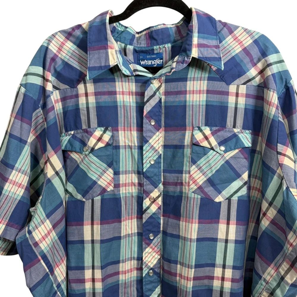 Vintage Y2K Big Man Wrangler Pearl Snap Plaid Western Shirt Size 3X Blue - Picture 2 of 8